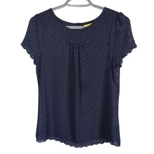 Maeve Anthropologie Blouse Top Swiss Dot Scallop Hem Sheer, Navy Blue, Size‎ 0